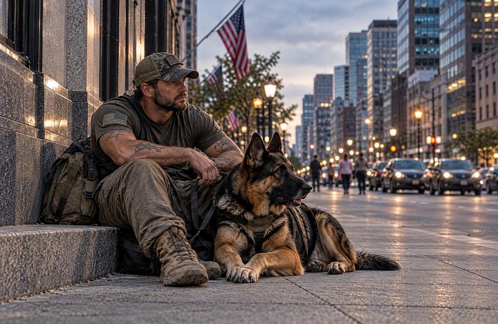 A man in military-style clothing sitting beside his German shepherd on a city sidewalk.