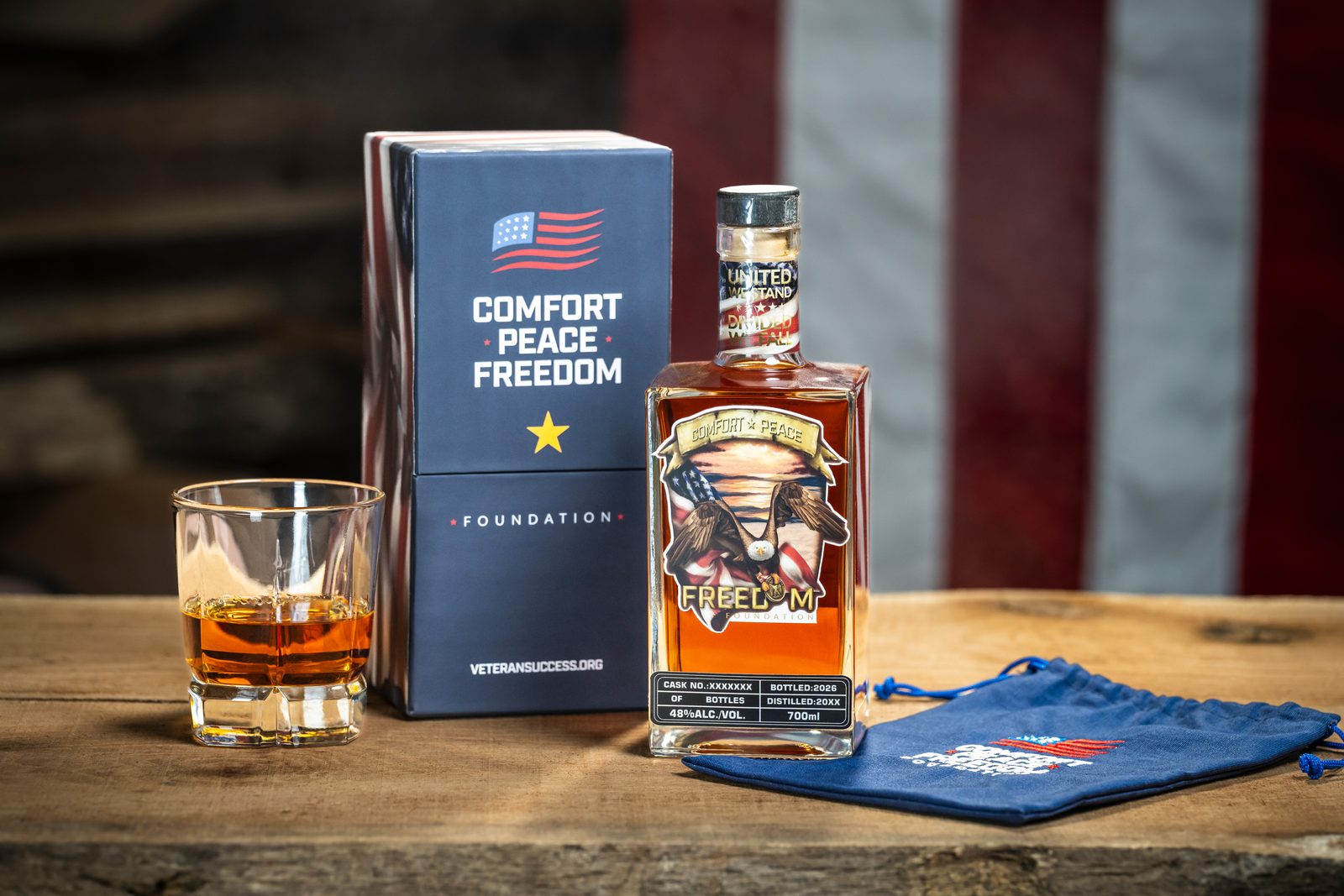 Freedom Bourbon bottle with Comfort Peace Freedom Foundation gift box and rocks glass